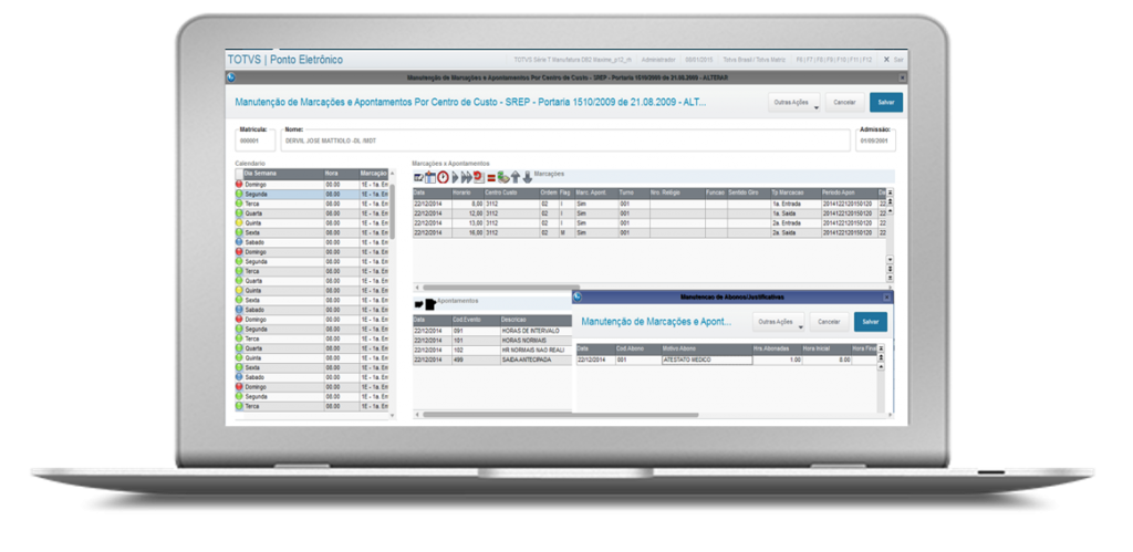 Notebook aberto mostrando ponto eletrônico do TOTVS RH
